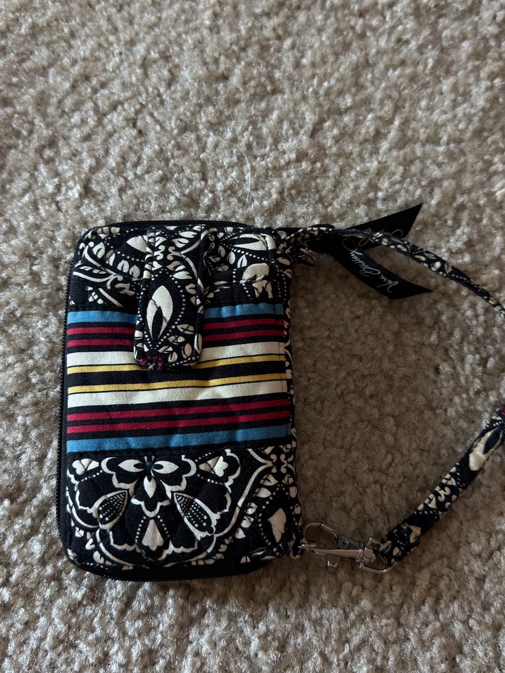 Vera Bradley Black Retired Quilted Wristlet with Blue, Red & Yellow Stripes